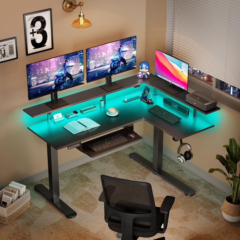 L Shaped Standing Desk with LED Light Dual Motor Height Adjustable Electric Standing Desk Latitude Run Color Top Frame Black